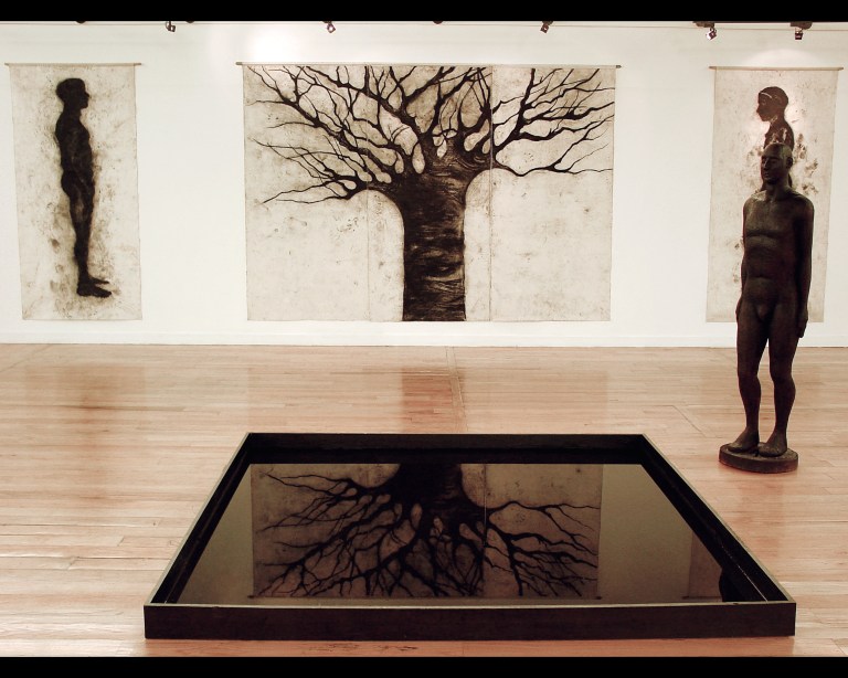 Instalacion Quién me habita, 2004 talla de madera 180x60x40cm dibujos al carbon espejo de agua.jpg