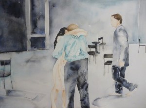 13 Café Mulller de Pina Baush filmado por Wim Wenders escena 3 acuarela sobre papel 75 x100 cm 2013.