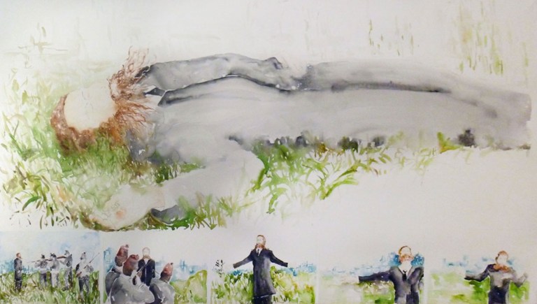 44 Mónica Dower, La pesadilla de Clavé, acuarela sobre papel, 230x120cm, 2012. Obra basada en el vídeo Tiempo sagrado de Enrique Méndez Hoyos, 2012.jpg