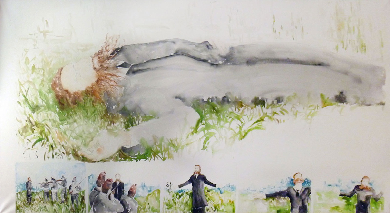 01 Mónica Dower, La pesadilla de Clavé, acuarela sobre papel, 230x120cm, 2012. Obra basada en el vídeo Tiempo sagrado de Enrique Méndez Hoyos